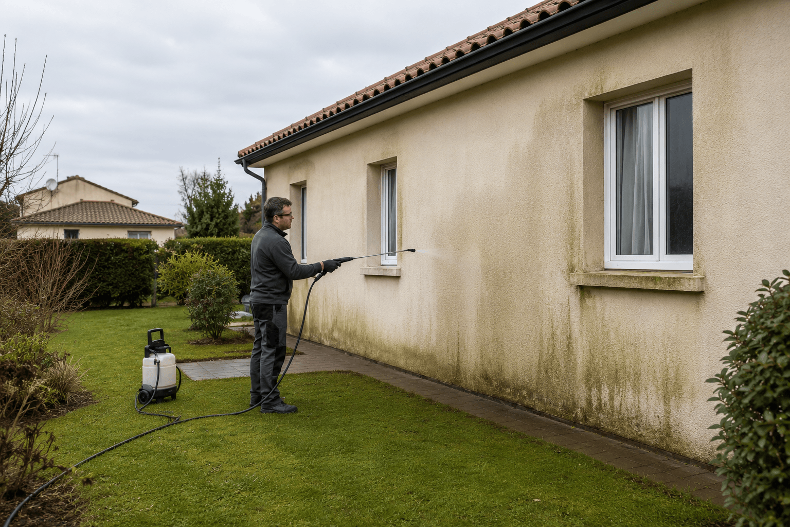 Façade traitée contre l'humidité par pulvérisation depuis le sol, sans intervention en hauteur
