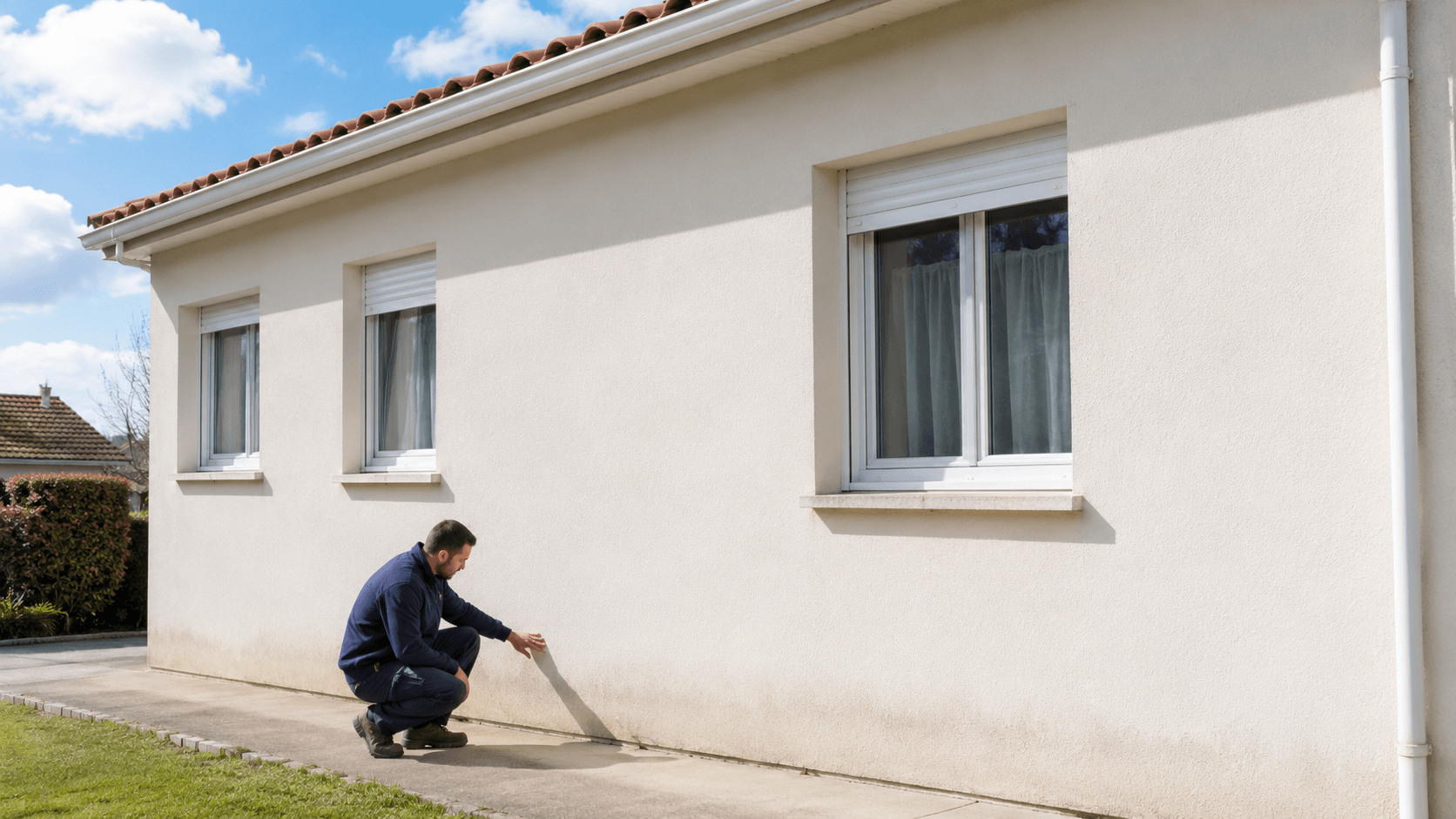 Technicien Humidité Conseil 360 mesurant l'humidité d'un mur devant une cliente