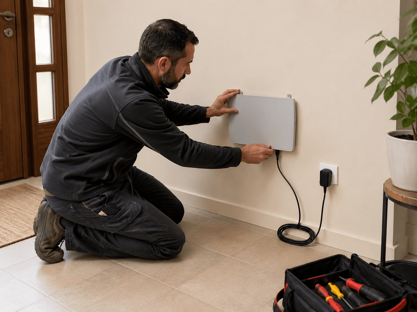 Pose d'un inverseur de polarité ATE LC30 en bas d'un mur, sur une simple prise secteur